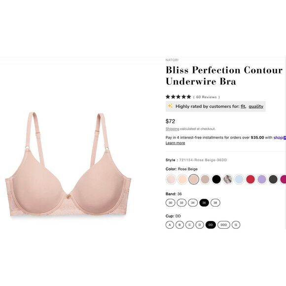 C 18 Natori Bliss Perfection Contour Underwire Bra Rose Beige size 36DD - Picture 2 of 13